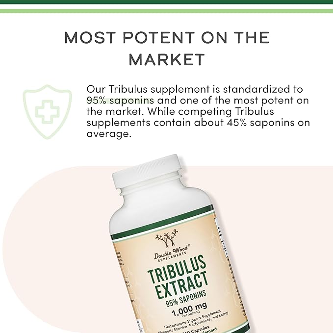 Tribulus Terrestris for Men (Purest 95% Saponin Content) 210 Capsules, 1,000mg Concentrated Fruit Extract (Third Party Tested, Vegan Safe, Non-GMO) for Stamina and Energy by Double Wood