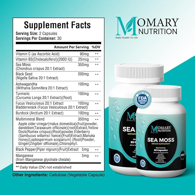Sea Moss, Black Seed, Ashwagandha, Turmeric, Burdock, Vitamin C, Vitamin B3, Multimineral Blend, All-in-One Supplement for Men and Women, Vegan, Gluten Free, Non-GMO, 60 Capsules