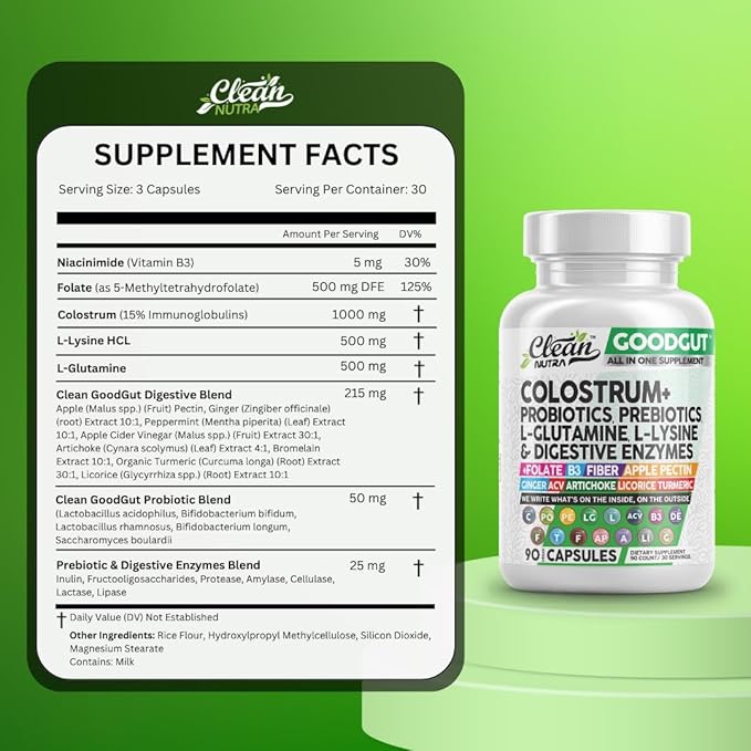 Clean Nutraceuticals Colostrum Supplement Capsules Probiotics Pills Prebiotics, L-Glutamine, Digestive Enzymes, Folate, Fiber, ACV, Turmeric, Apple Pectin and Turmeric Good Gut