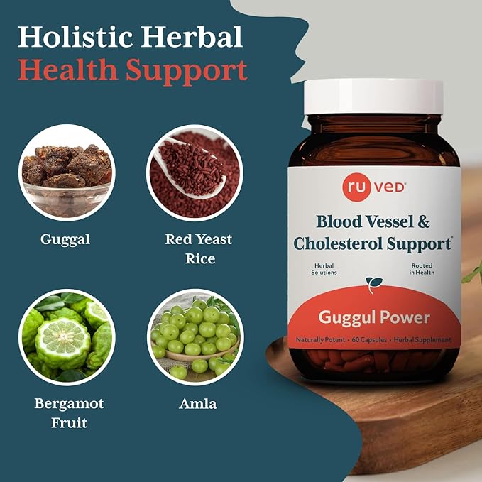 Ruved Guggul Power Herbal Supplement for Ayurvedic Cholesterol Support, Red Yeast Rice, Bergamot, Guggul, and Amla Supplement for Women and Men, 60 Vegetarian Capsules