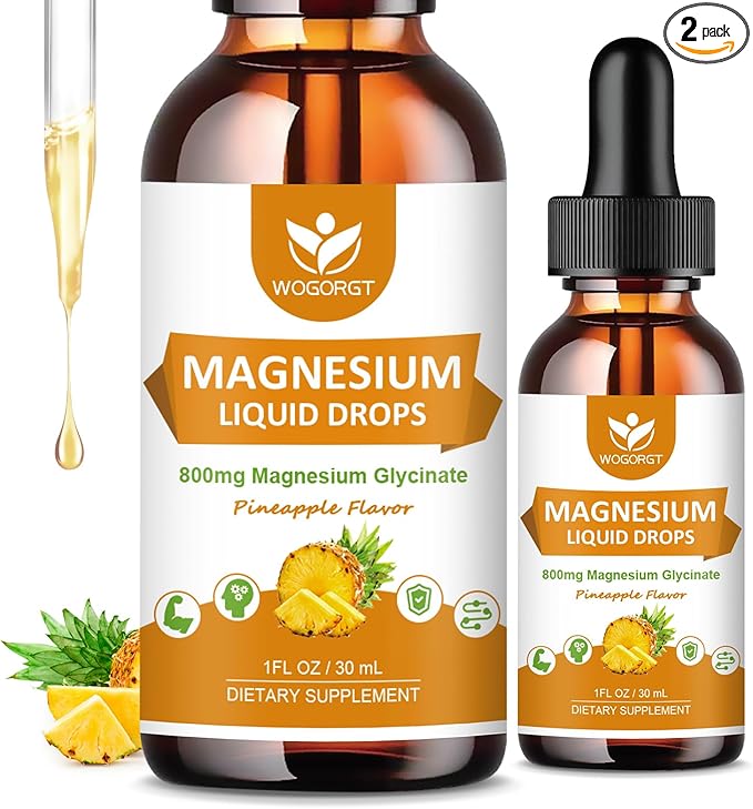 Magnesium Glycinate Liquid Drops with Citrate & Taurate - Cognition, Muscle & Focus, Liquid Magnesium Complex Supplement with Vitamin D3, GABA, L-theanine, Pineapple Flavor - 1 Fl Oz (2 Pack)