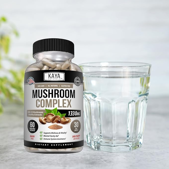 Kaya Naturals Premium Mushroom Complex Potent - Mushroom Complex Capsules 1330mg Per Serving - Aids Mental Clarity Supports Immune System, Wellness & Vitality - 60 Count