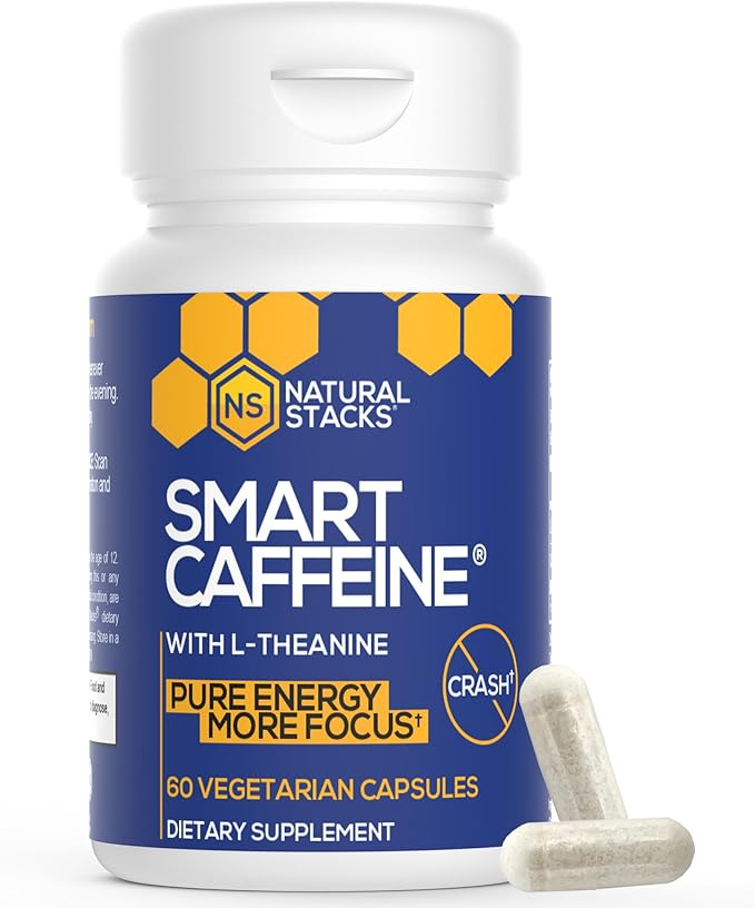 NATURAL STACKS Smart Caffeine Pills - 100mg Caffeine + 200mg L-Theanine Supplement - Supports Energy and Focus - No Jitters and No Crash - 60 Capsules