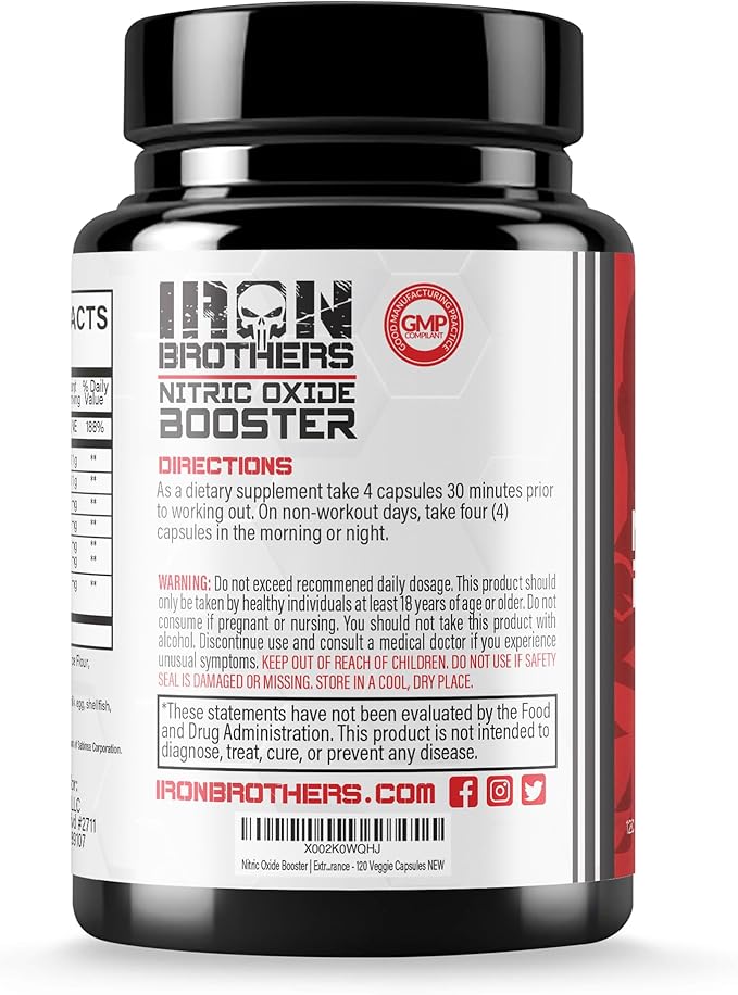 Iron Brothers Supplements Nitric Oxide Booster | Extra Strength Pumps Supplements | Pre-Workout with L-Arginine | Maximum Blood Flow & Vascularity | Increase Muscle Pumps, Energy & Endurance - 30 days