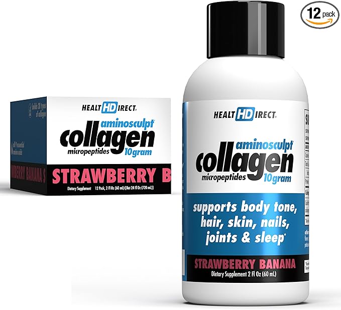 HEALTH DIRECT – AminoSculpt Liquid Collagen Micropeptides – 12 Servings, (12pk, 2oz Shots) – 10 Grams of Premium Medical-Grade Liquid Collagen for Women – Strawberry Banana