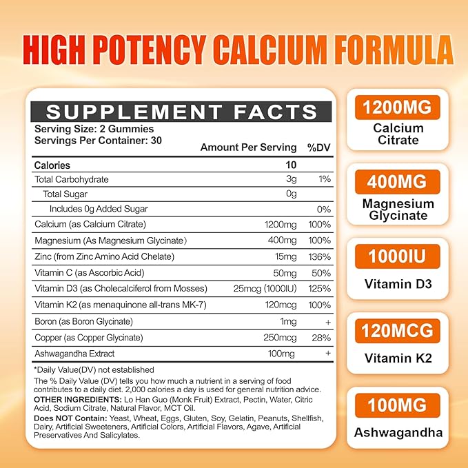 Calcium 1200 mg with Vitamin D3 Gummies for Adults - Calcium Citrate with Vitamin D3 K2, Magnesium, Zinc, Boron, Copper and Ashwagandha - Extra Absorption Calcium Supplement for Women Men