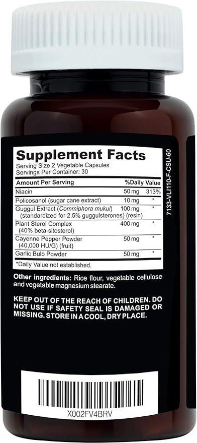 Clinical Daily Cholesterol Care Supplement. Vegan Cholesterol and Triglyceride Supplements. Plant Sterols Supplements Cholesterol Support with Guggul, Garlic, Niacin. 60 Capsules