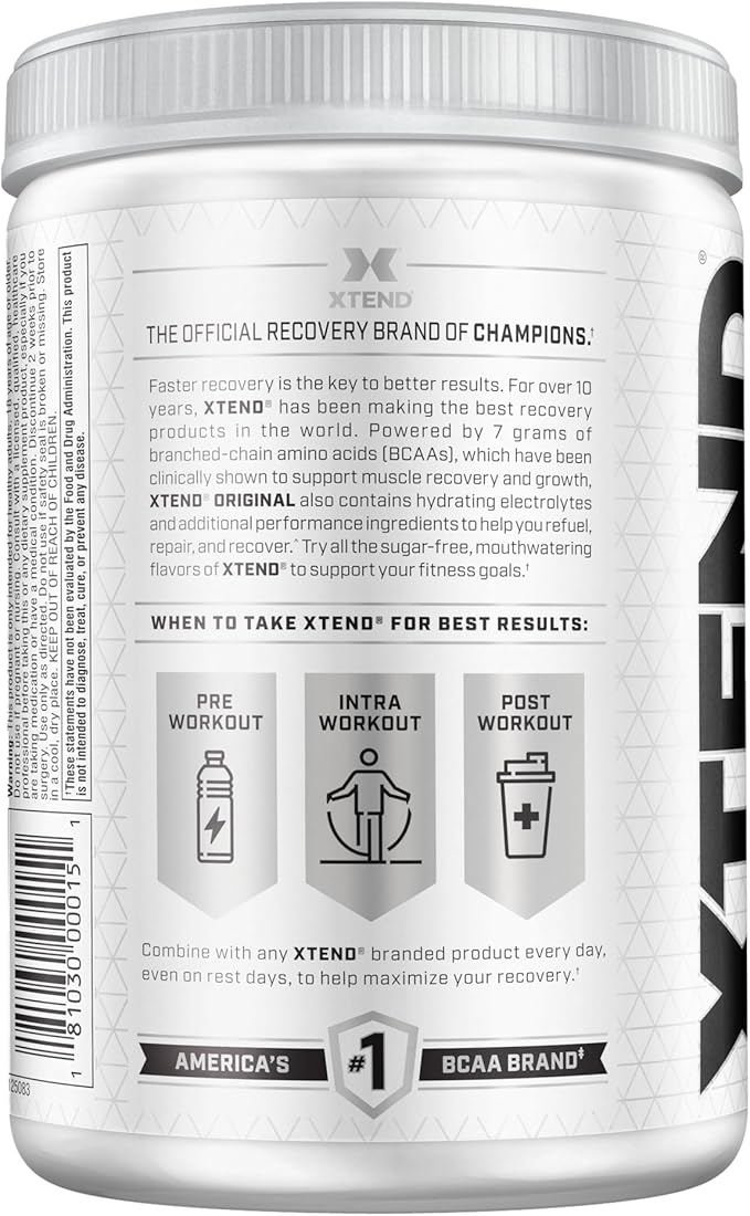XTEND Original BCAA Powder 7g BCAA and 2.5g L-Glutamine, Sugar Free Post Workout Muscle Recovery Drink with Amino Acids for Men & Women, 30 Servings