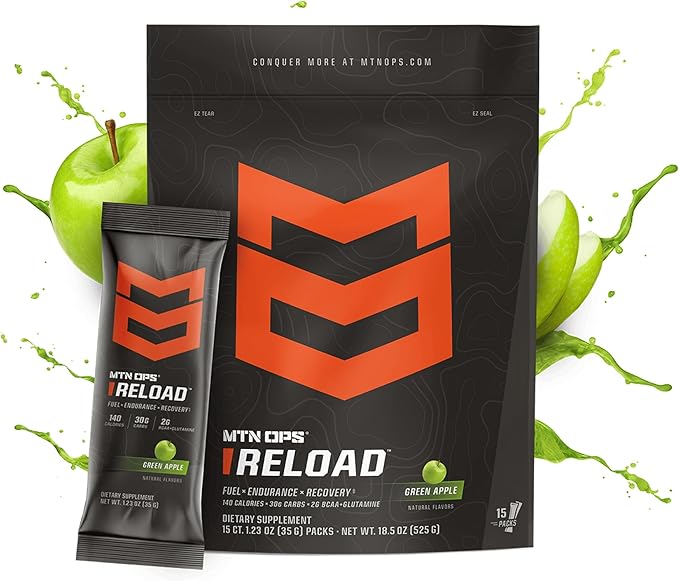 MTN OPS Reload Ready-to-Mix Carb Mix, 30g Fast-Digesting Carbohydrates, MCT Oil Powder & BCAAs, Energy & Endurance, Single-Serve Stick Packs, 15 Servings, Green Apple