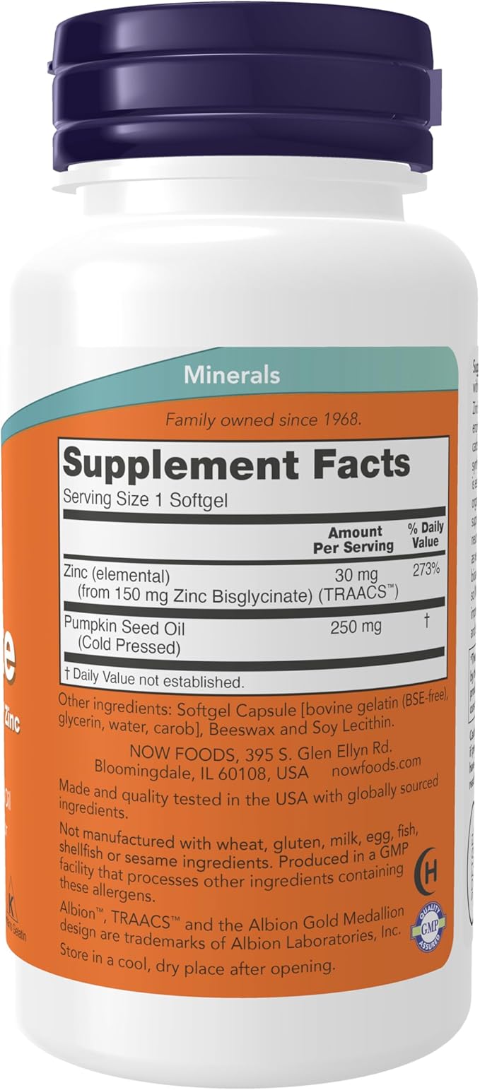 NOW Foods Supplements, Zinc Glycinate with 250 mg Pumpkin Seed Oil, Supports Prostate Health*, 120 Softgels (Packaging May Vary)