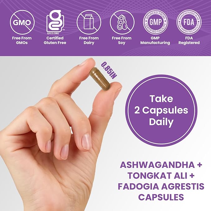 Ashwagandha + Tongkat Ali + Fadogia Agrestis – 120 Capsules, 1200mg Per Serving – Powerful Herbal Blend for Energy, Stamina & Vitality – Synergistic Formula for Active Lifestyles – 3rd Party Tested