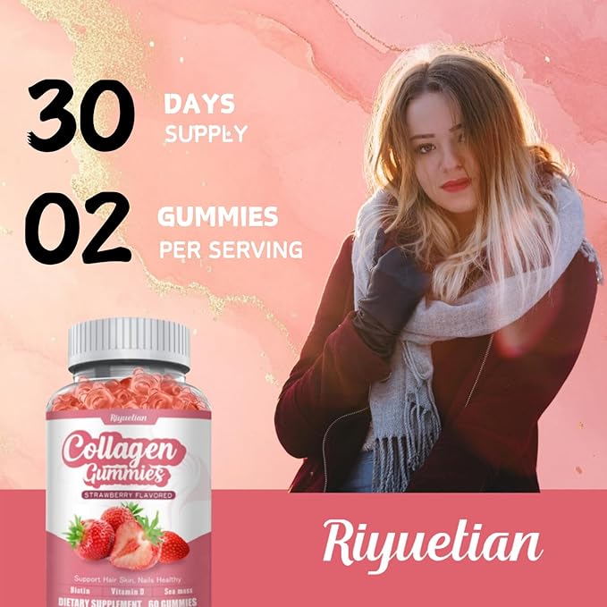 Collagen Gummies with Vitamin C, Zinc and Biotin, Strawberry Flavor Beauty Supplement, Hydrolyzed Collagen Peptides Supplement for Hair, Skin, Nails & Wrinkles, Non-GMO, Gluten Free, 60 Gummies