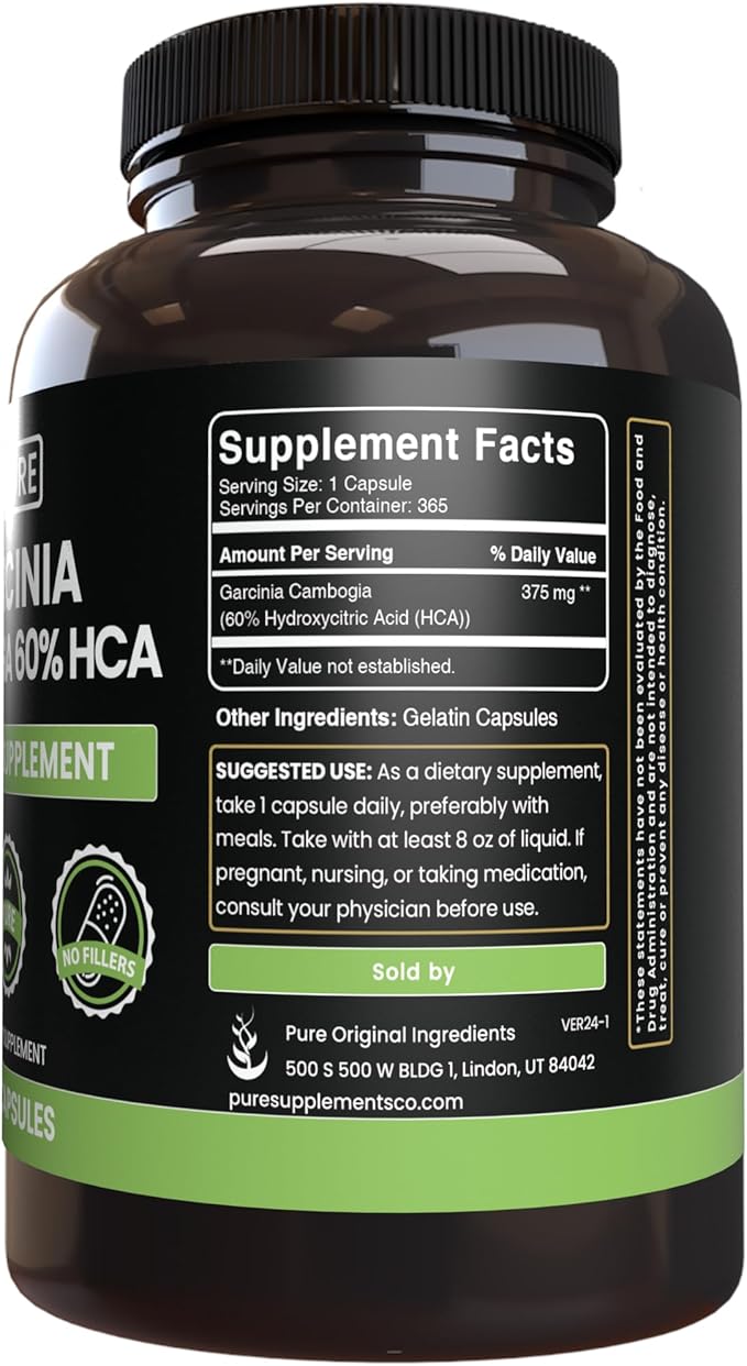 PURE ORIGINAL INGREDIENTS Garcinia Cambogia, No Magnesium or Rice Fillers, Always Pure, Lab Verified (365 Count)