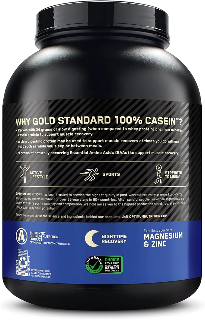 Optimum Nutrition Gold Standard 100% Micellar Casein Protein Powder, Slow Digesting, Helps Keep You Full, Overnight Muscle Recovery, Cookies and Cream, 4 Pound (Packaging May Vary)