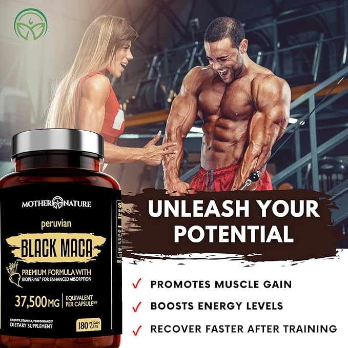 Mother Nature 37,500mg 50x Strength Organic Highly Concentrated Peruvian Black Maca Root Capsules for Men 100% Pure Maca Peruana 50:1 Extract to Boost Stamina, Enegy, Muscle Gain - 180ct