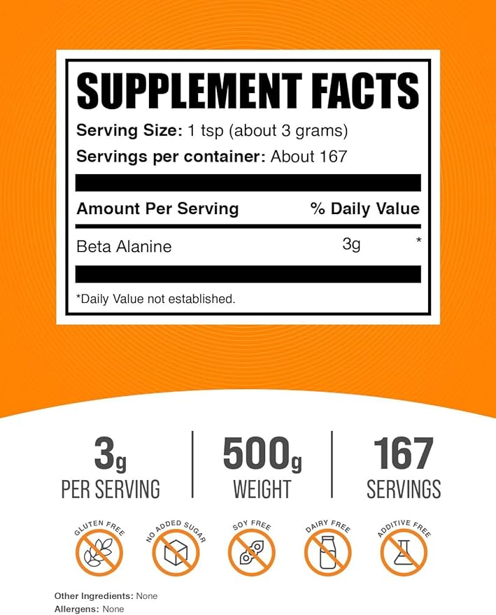 BulkSupplements.com Beta Alanine Powder - Beta-Alanine Supplement, Pre-Workout Supplement - Unflavored & Gluten Free, 3g per Serving, 500g (1.1 lbs) (Pack of 1)