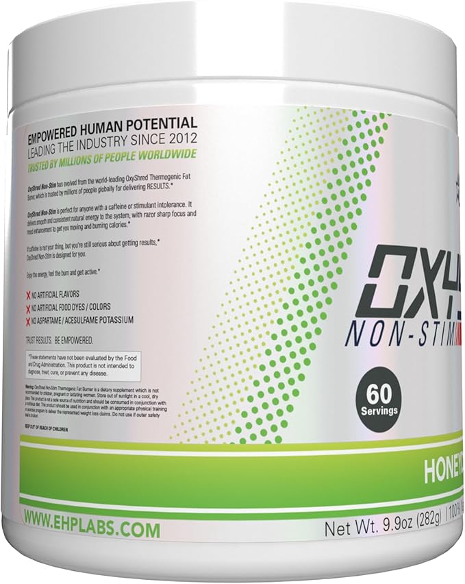 EHP Labs OxyShred Non Stimulant Pre Workout Powder - Stim Free Pre Workout, Caffeine Free Preworkout for Men & Women with L Glutamine & Acetyl L Carnitine - Honeydew Melon, 60 Servings