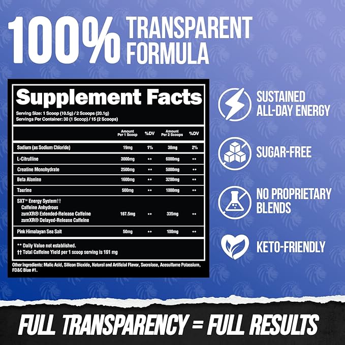 ALPHA LION Core Pre Workout w/Creatine for Performance, Beta Alanine for Muscle, Powder, L-Citrulline for Pump & Tri-Source Caffeine for Sustained Energy (30 Servings, Blue Raspberry Flavor)