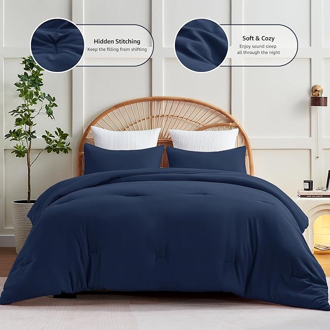 CozyLux Navy Blue Comforter Set Queen Size, 3 Pieces Solid Breathable Quilted Style Bedding Sets, Luxury Fluffy Soft Microfiber Comforter for All Season (1 Comforter & 2 Pillowcases)