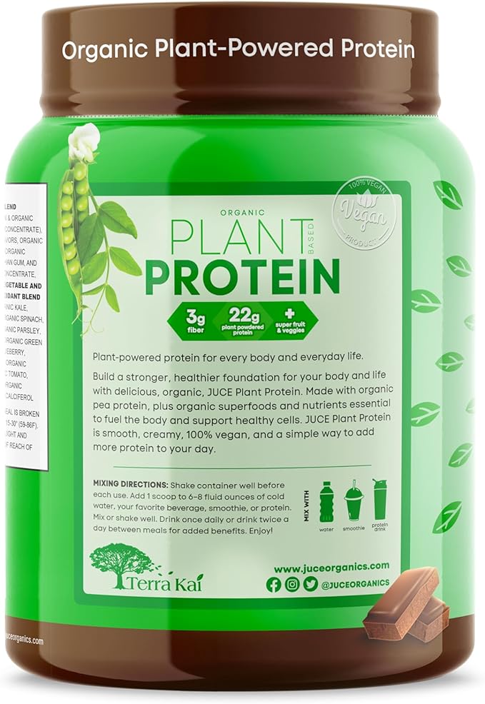 Juce Organic Plant-Based Protein Powder – Chocolate | Premium Organic Protein Blend, Brown Rice, & Pumpkin Proteins | Superfood & Antioxidant Rich with Kale, Spinach, Blueberry - By Terra Kai Organics