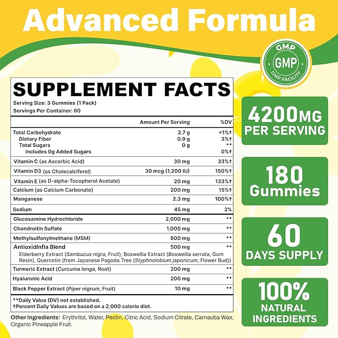 Glucosamine Chondroitin Gummies, Extra Strength Joint Supplements Glucosamine Chondroitin Gummies with MSM & Elderberry for Joint Health, Flexibility, Immune Support for Adults, Men & Women, 180 Count