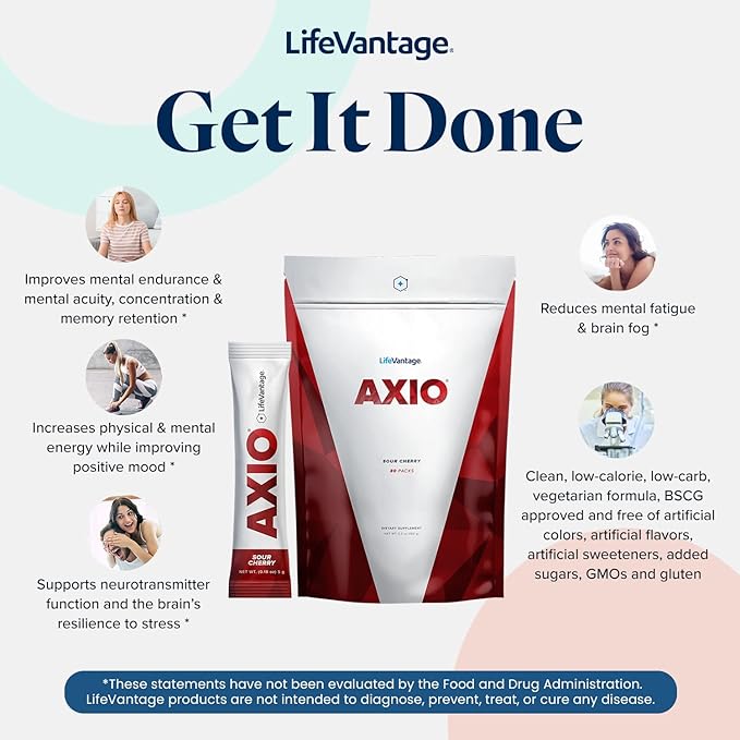 LifeVantage - AXIO - Regular Energy Drink Powder, Sour Cherry - with B Vitamins, DMAE, L-Theanine, Quercetin, Green Tea and Pine Bark - 30 Packets