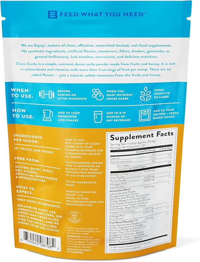 Equip Foods Clean Carbs | 15+ Fruits and Honey Superfood Powder | Post Workout Recovery Powder | Antioxidants, Carbohydrate Supplement | Immune Support Carb Cleaner | 20 Servings, Unflavored