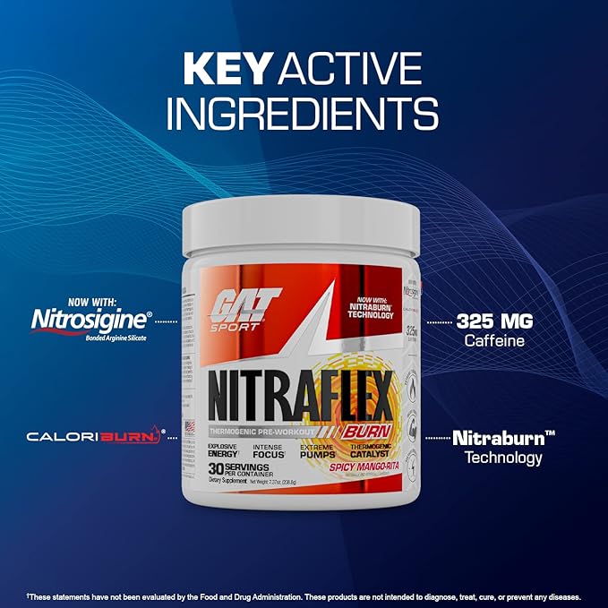 GAT SPORT NITRAFLEX Burn, Pre Workout Thermogenic Powder, Tropic Thunderburst, 30 Servings