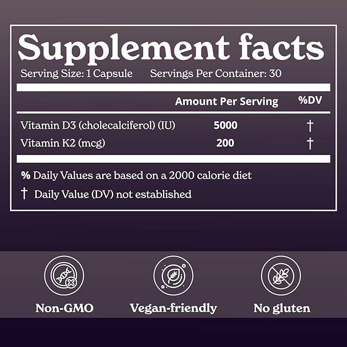 Vitamin D3 + K2 Capsules | 5000 IU Vitamin D3, 200 mcg Vitamin K2 | Helps Promote Bone Strength | 1-Month Dietary Supplement
