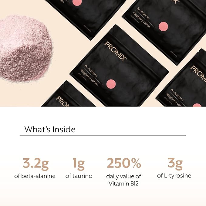 Promix Pre-Workout Powder, Raspberry Lemon - Maximize Focus & Performance - Helps Muscle Gain, Endurance & Enhanced Energy - Vitamin B12, Caffeine, Beta-Alanine & L-Tyrsosine - Gluten & Dairy-Free