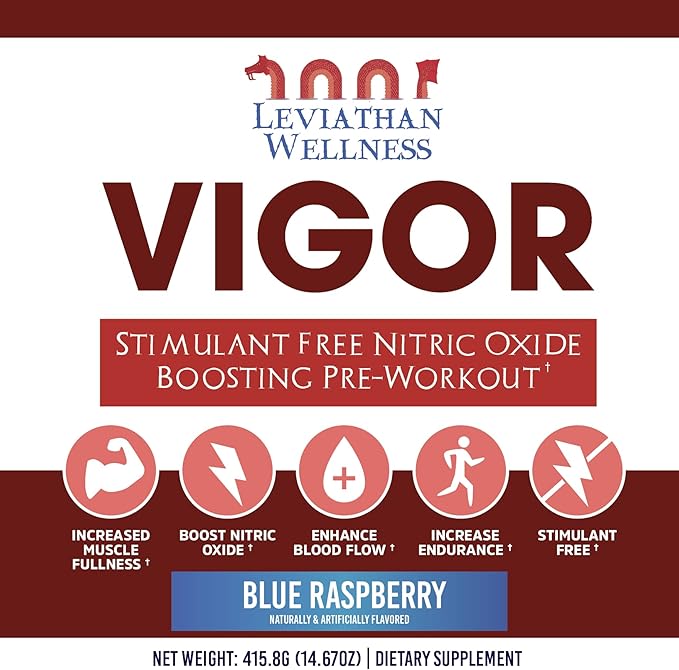 Vigor - Stimulant-Free Nitric Oxide Pre-Workout Powder | L-Citrulline (5000mg), Malic Acid (2000mg), GlycerPump (1500mg)| Blue Raspberry| 30 Servings, 13.86g Each | Made in The USA
