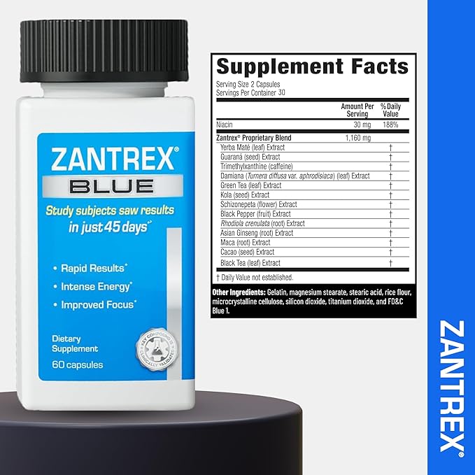 Zantrex Blue Energy & Thermogenesis Boost Energy | Weight Management Supplement for Appetite Control, Increased Calorie Burn and Supports GLP-1 Levels | 60 Capsules