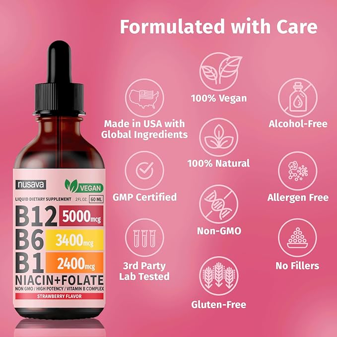 (4 Pack) Vitamin B12 and B6 Liquid Drops, B12 Sublingual Vitamin B Complex - B 12 Vitamin 5000mcg - B12 Methylcobalamin for Energy, Brain, and Heart Support with 27,200 mcg, Strawberry, 80 Servings