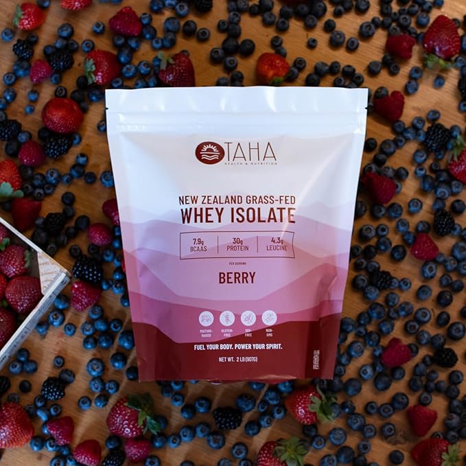 Taha Health & Nutrition Berry Whey Protein Isolate Powder, 30g Protein, 7.9g BCAAs, 4.3g Leucine | New Zealand Free-Range, Grass-Fed Dairy | Gluten-Free, Keto, Kosher | 2LB,24 Servings