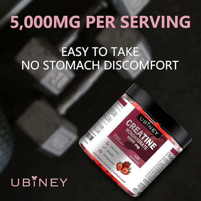 Creatine Monohydrate Gummies 5000mg – Sugar-Free, Vegan, Gluten-Free – Enhanced with Vitamin B12 & L-Taurine for Muscle Growth, Recovery & Strength – Delicious Strawberry Flavor, 120 Count