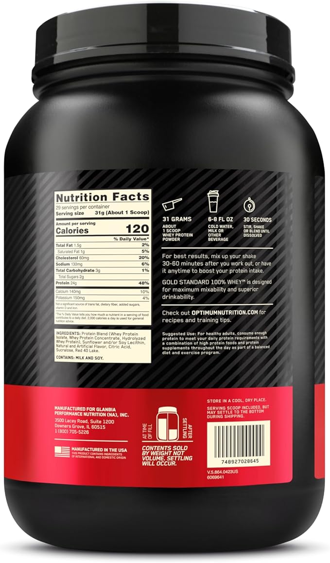 Optimum Nutrition Gold Standard 100% Whey Protein Powder, Delicious Strawberry, 2 Pound (Packaging May Vary)
