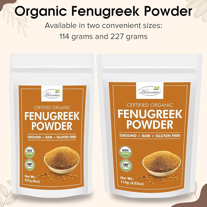 hennaco Organic Fenugreek Powder Powder | USDA Organic | GMP Certified | Pure & Natural Fenugreek Powder for Culinary, Skin and Hair | No Preservatives| Chemical Free | 114 Grams (4 OZ)