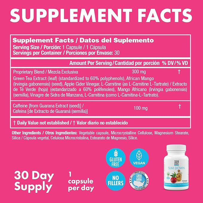 Yes You Can! Slim Down Dietary Supplements - with African Mango, L-Carnitine, Apple Cider Vinegar, Green Tea Extract, and Caffeine derived from Guarana Seed Extract, 30 Capsules/1 Month Supply