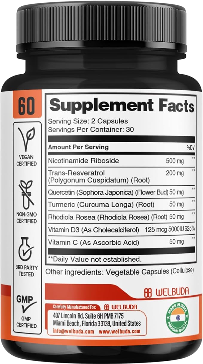NAD+ Supplement with Nicotinamide Riboside Per Serving w/Resveratrol, Quercetin, Turmeric, Rhodiola Rosea, Vitamin D3 and Vitamin C - 60 Capsules
