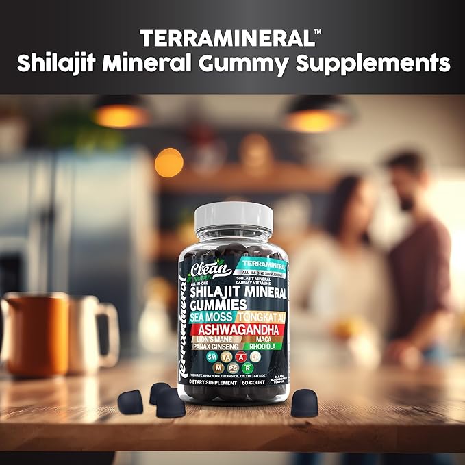 Terramineral Shilajit Gummies with Irish Sea Moss Tongkat Ali Ashwagandha Lion's Mane MACA Panax Ginseng Rhodiola & Cordyceps by Clean Nutra (1)