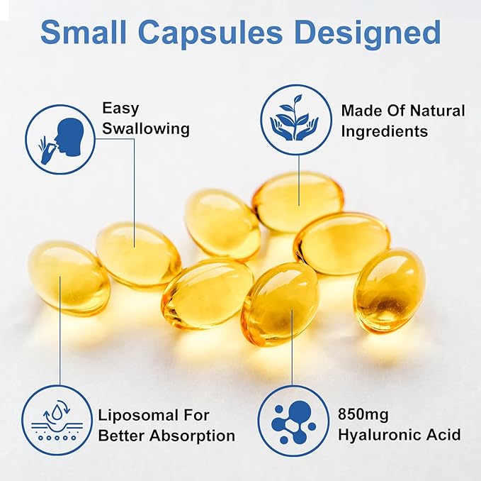 Hyaluronic Acid Supplements 850mg with Biotin 5000mcg & Vitamin C 25mg High Absorption, Skin Hydration, Hair and Nails Health, Non-GMO, Gluten Free, 60 softgels