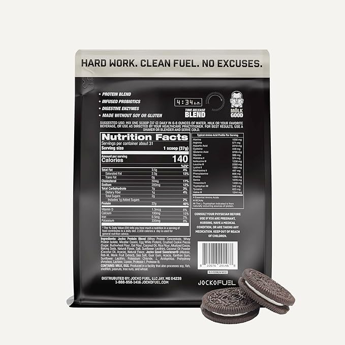 Jocko Fuel Mölk Whey Protein Powder - Keto, Probiotics, Grass Fed, Digestive Enzymes, Amino Acids, Low Sugar Monk Fruit Blend - Supports Muscle Recovery & Growth (2.5 LB, Cookies & Cream)