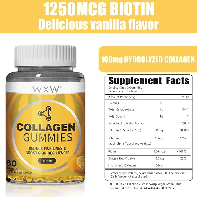 WXW Hydrolyzed Collagen Peptides Gummies for Women, Non-GMO Anti-Aging Formula with Biotin, Zinc, Vitamins C & E for Hair, Skin and Nails | 60ct,Lemon Flavor