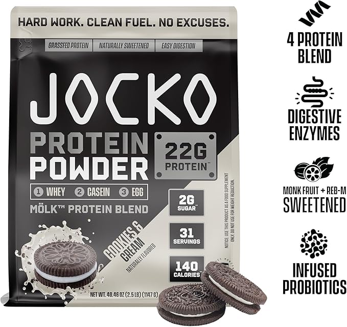 Jocko Fuel Mölk Whey Protein Powder - Keto, Probiotics, Grass Fed, Digestive Enzymes, Amino Acids, Low Sugar Monk Fruit Blend - Supports Muscle Recovery & Growth (2.5 LB, Cookies & Cream)
