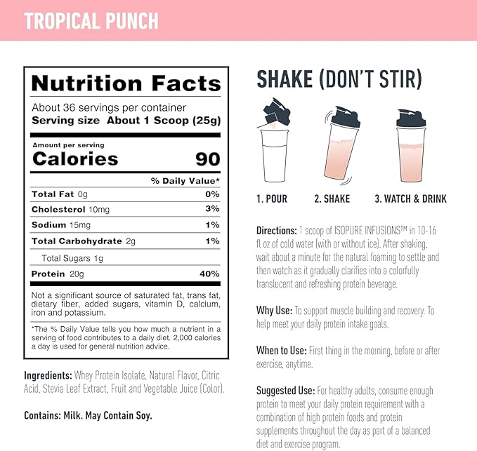 Isopure Clear Whey Isolate Protein Powder Infusions, Lactose Free, Gluten Free, Naturally Flavored, Tropical Punch, 20g Protein Per Serving, 1.9 Lbs, 36 Servings