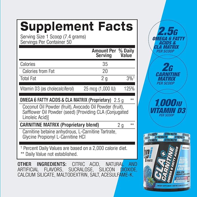 BPI Sports CLA + Carnitine – Conjugated Linoleic Acid – Weight Loss Formula – Metabolism, Performance, Lean Muscle – Caffeine Free – for Men & Women – Blue Raspberry – 50 Servings – 12.34 oz.