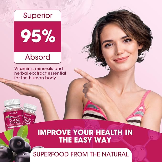 Vitamin D3 10000 IU + K2 (MK7) 200mcg w/Calcium Magnesium Zinc Elderberry & Inulin-Highly Bioavailable-Enhanced Absorption for Immune & Bone Support- K2 D3 Vitamin Supplement-Vegan Gummies