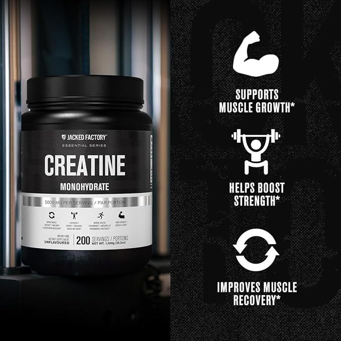 Jacked Factory Creatine Monohydrate Powder 1000g - Creatine Supplement for Muscle Growth, Increased Strength, Enhanced Energy Output and Improved Athletic Performance 200 Servings, Unflavored