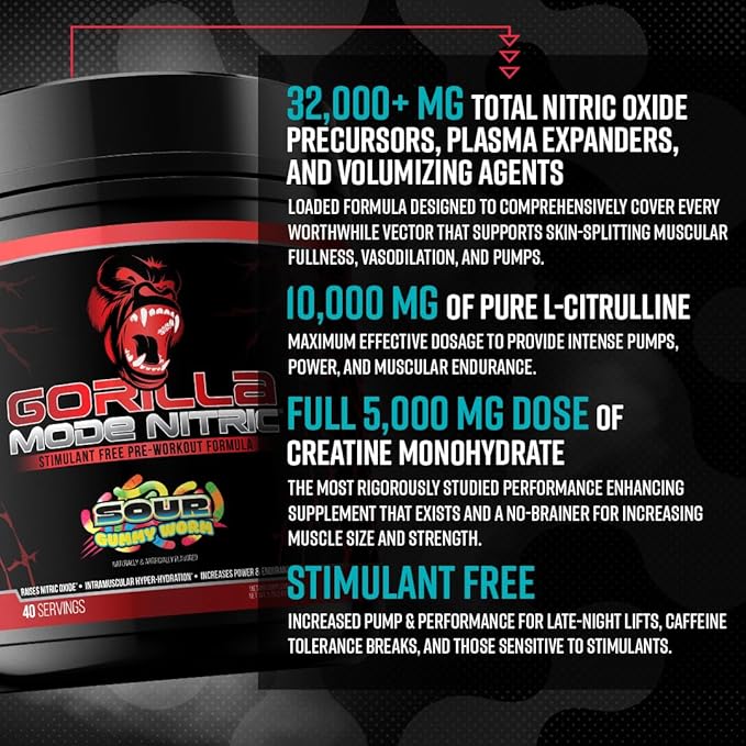 Gorilla Mode Nitric Upgraded Stimulant Free Pre-Workout – Best Tasting and Most Effective Stimulant Free Pre-Workout/Massive Pumps · Vasodilation · Power / 776 Grams (Cherry Blackout)