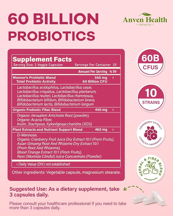 Probiotics for Women Digestive Health - 60 Billion Vaginal Probiotic & Organic Prebiotics with Cranberry Extract & D-Mannose for Gut, Digestive, Urinary, Immune Healthไธจ270 Veggie Caps